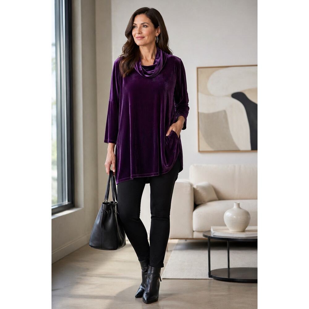 Chico’s Cowl Neck Velvet Tunic Top Purple Size L/ XL Classic